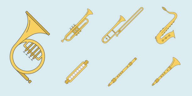 illustrazioni stock, clip art, cartoni animati e icone di tendenza di strumenti musicali icone set 11 - trumpet musical instrument music brass
