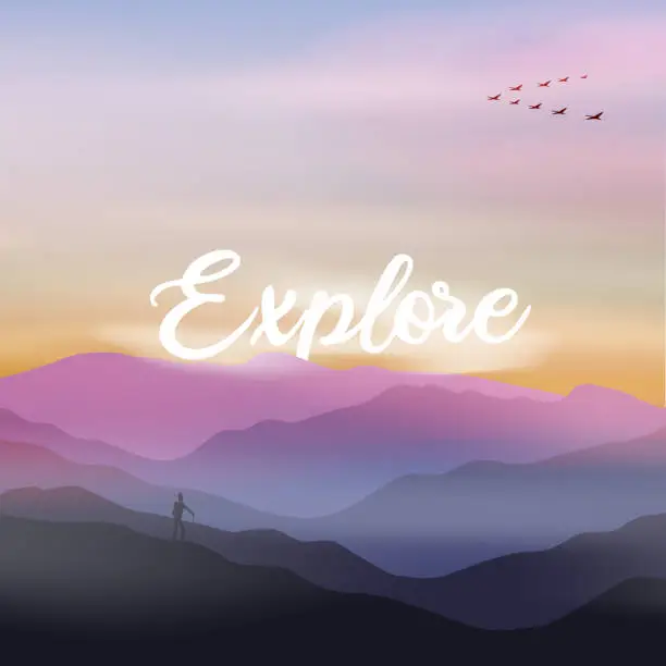 Vector illustration of Hiker in the mountains and geese flying in formation at dawn