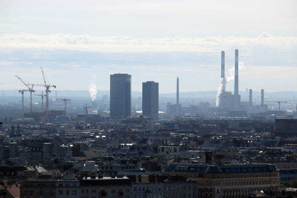 White smoke clouds froma heating plant chimney Vienna Austria