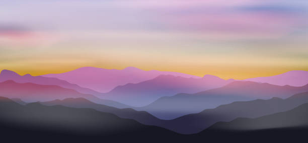 Dawn above mountains Dawn above mountains panoramic illustrations stock illustrations