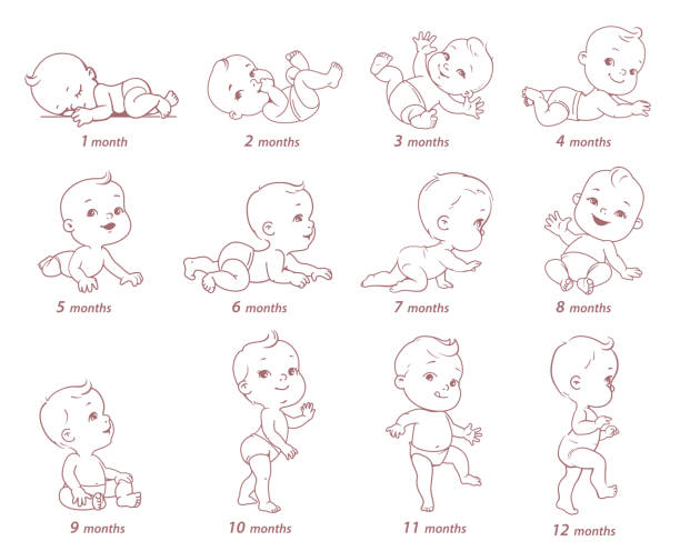 illustrazioni stock, clip art, cartoni animati e icone di tendenza di set di icone di salute e sviluppo per bambini. - steps baby standing walking