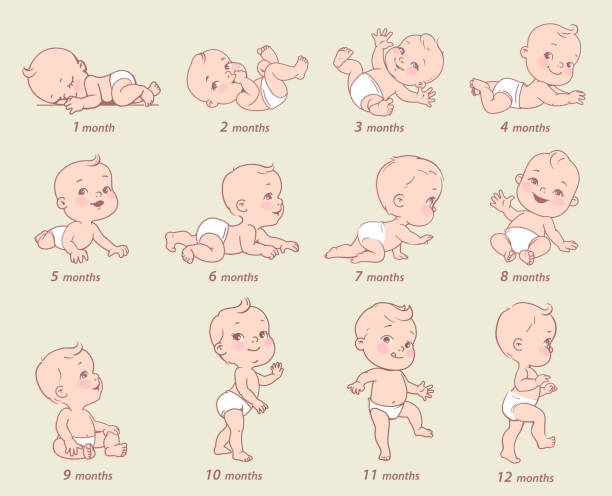 illustrazioni stock, clip art, cartoni animati e icone di tendenza di set di icone di salute e sviluppo per bambini. - diaper baby crawling cartoon