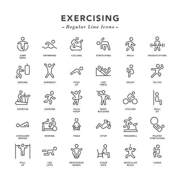 ilustraciones, imágenes clip art, dibujos animados e iconos de stock de ejercicio - iconos de línea regular - agacharse ilustraciones