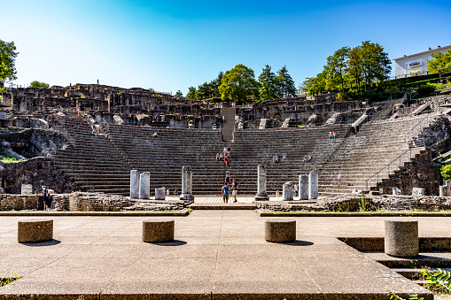 Ancient Theatre of Fourvière, set on the hillside next to the Basilica Notre Dame de Fourviere, it offers panoramic views over the city. This is looking up at the stone seats from behind the semi circular stage.