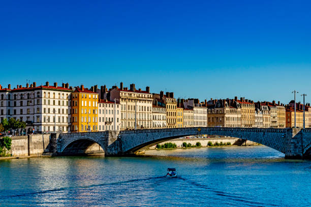 Apartments on the banks of the Saone in Lyon. in the foreground is the Pont Bonaparte.