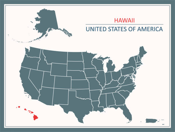 Hawaii map USA printable Downloadable map of Hawaii state of United States of America. The spatial locations of Hawaii, Alaska and Puerto Rico approximately represent their actual locations on the earth. kihei stock illustrations