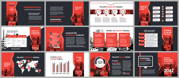 City Background Business Company Presentation with Infographics Template. City Background Business Company Presentation with Infographics. Corporate Design Media Layout, Book Cover, Flyer, Brochure, Annual Report for Advertising and powerpoint template stock illustrations