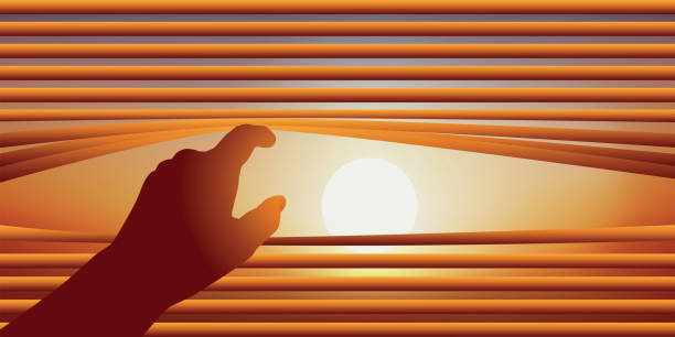Concept of curiosity with a person who lifts the blades of a blind to look outside. Concept of surveillance with a hand that raises the blades of a Venetian blind to look out the window at the sky of a sunny day. Blinds stock illustrations