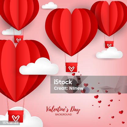 istock Valentine's Day background with red paper hearts falling from hot air balloon sky and white clouds background. Concept of love and valentines day, paper art style. Vector illustration. 1174181169