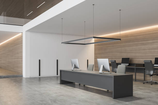 istock White and wooden open space office interior 1174182637