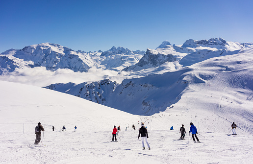 Flaine, France - Sunny weather and high quality snow at the French ski resort of Flaine in the Alps.