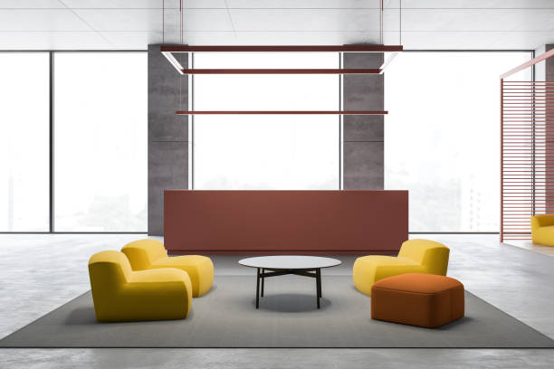 istock Pink reception desk and lounge in office 1174191112