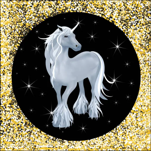 Vector illustration of Cute Vector of grey unicorn with star and golden glitter background, Little magical unicorn on black and yellow gold, Vector design for greeting card or Print for t-shirt, illustration for children