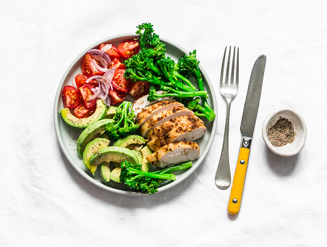 Baked chicken breast, broccoli, tomatoes, avocado salad on light background, top view. Balanced healthy eating buddha bowl