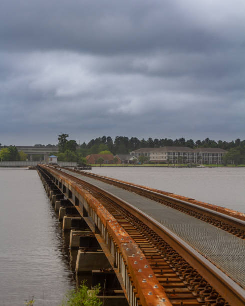 istock Rusted train tracks cross a river on a cloudy day 1174210089
