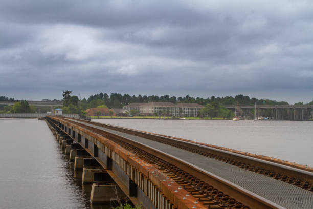 istock Rusted train tracks cross a river on a cloudy day 1174210227