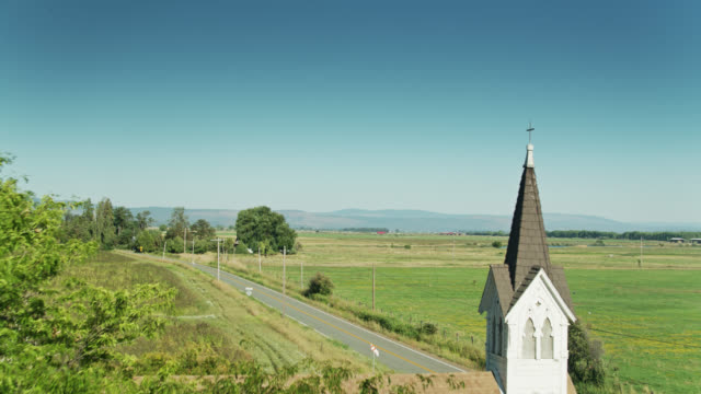 Drone Flight Past Church Amid Farmland in Glenburn, California