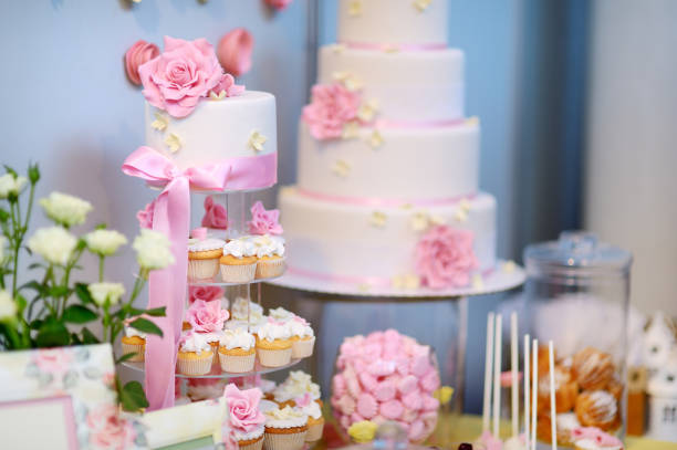 istock White wedding cake decorated with sugar flowers 1174218663