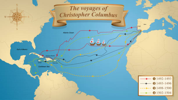 The voyages of Christopher Columbus. Map with the marked routes of the 4 trips of Columbus on a blue background adorned with a compass. Vector image The voyages of Christopher Columbus. Map with the marked routes of the 4 trips of Columbus on a blue background adorned with a compass and the dates of each trip. Vector image christopher columbus stock illustrations