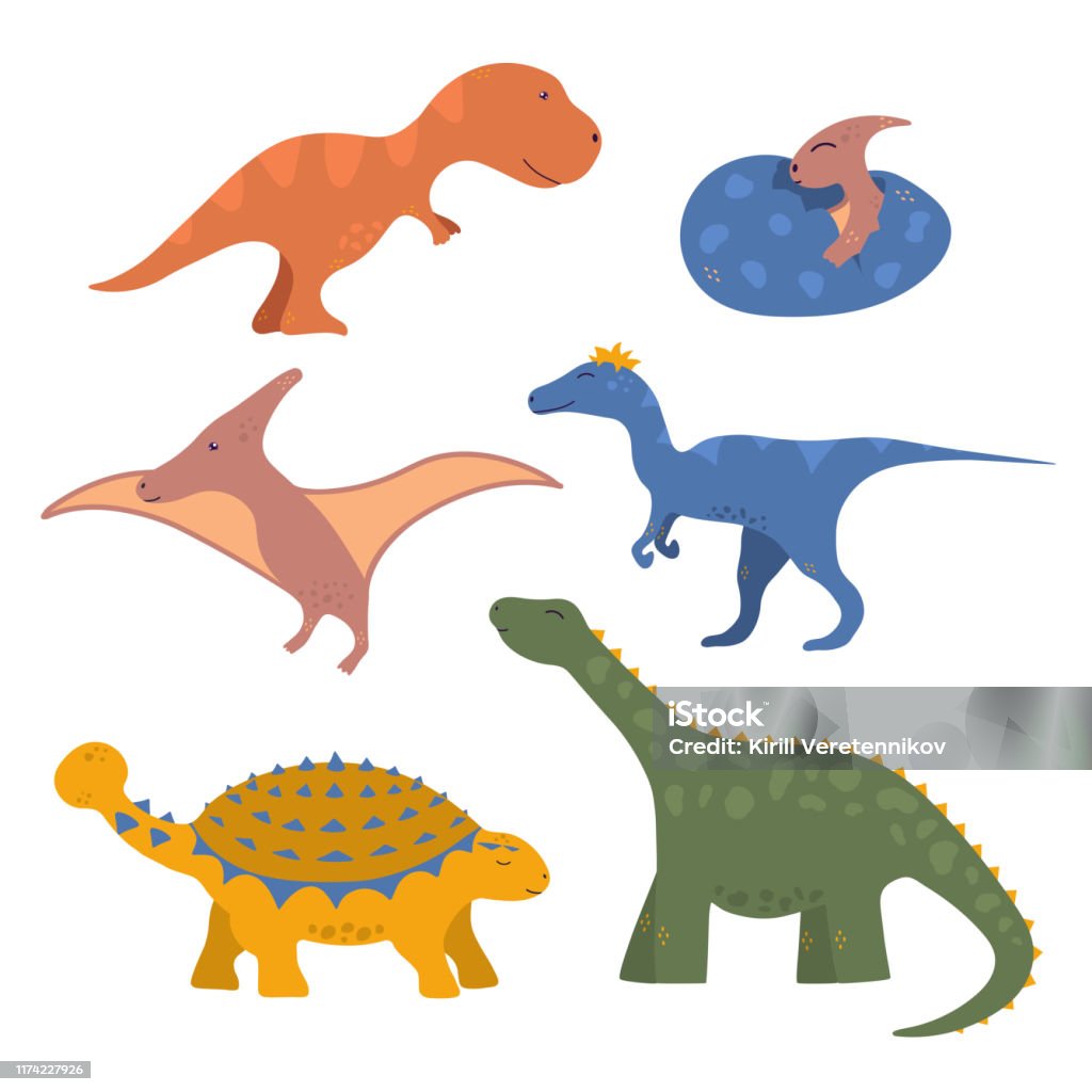 Cute Set Of Funny Colorful Dinosaurs For Kids With Raptor Rex Baby  Pterodactyl In The Egg Vector Isolated Dino Stickers For Prints Stock  Illustration - Download Image Now - iStock