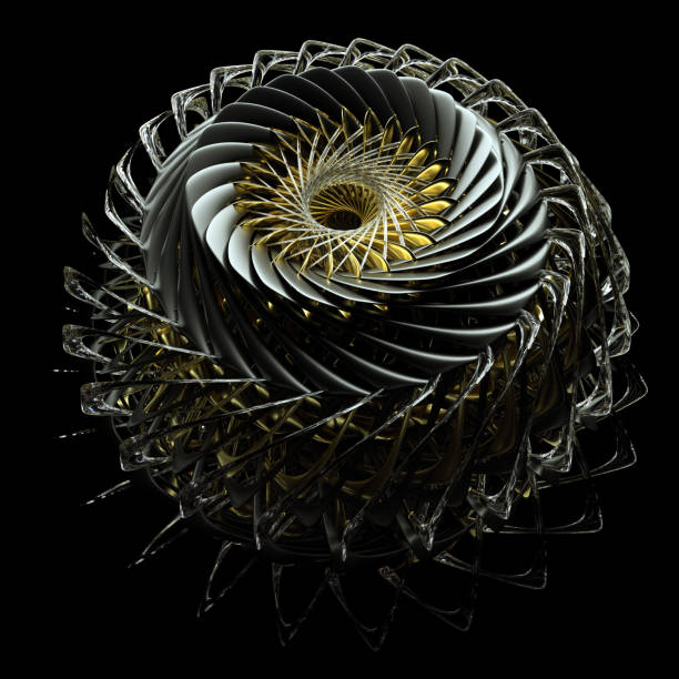 istock 3d artwork with abstract jet engine turbine with sharp blades in gold aluminum and glass material on black background 1174229372