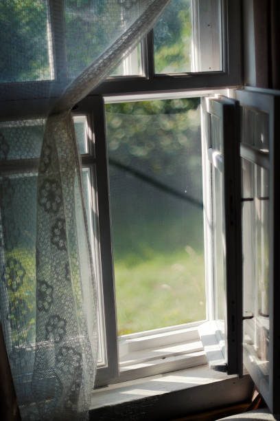 istock White window to the garden with an old openwork curtain 1174232203