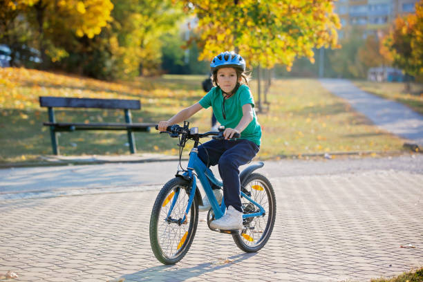 istock Happy kid boy, having fun in autumn park with a bicycle on beautiful fall day. Active child wearing helmet 1174232343