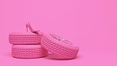 Pink car wheel and pink women's shoe on a pink background. Creative conceptual illustration in a glamorous girlish style. Copy space for text or logo. 3D rendering.