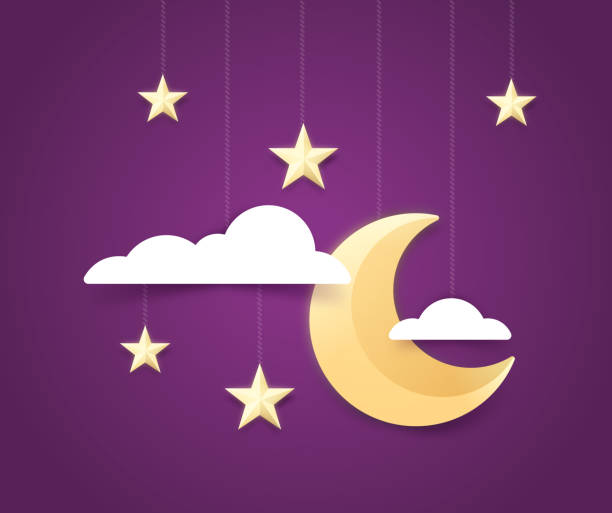 ilustraciones, imágenes clip art, dibujos animados e iconos de stock de moon and stars night sky background - luna creciente
