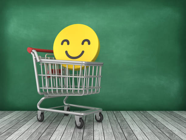 istock Shopping Cart with Smile Emoticon on Chalkboard Background - 3D Rendering 1174240389