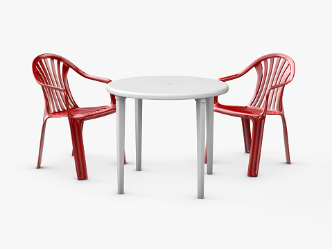 Plastic table and chairs isolated on white, 3d Illustration.