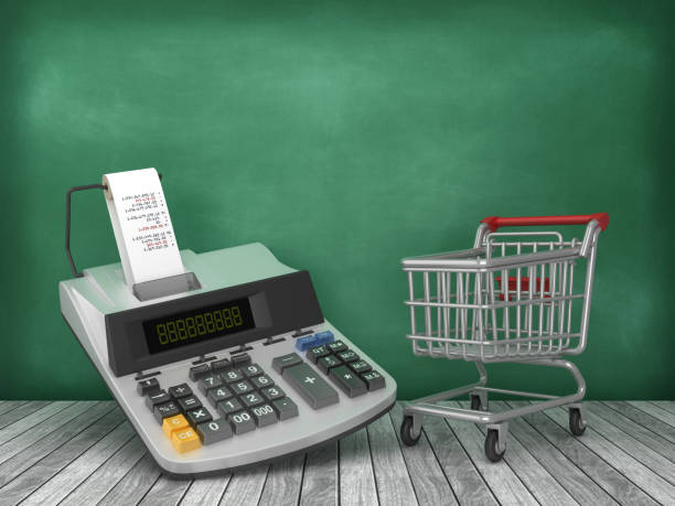 istock Shopping Cart with Calculator on Chalkboard Background - 3D Rendering 1174246050