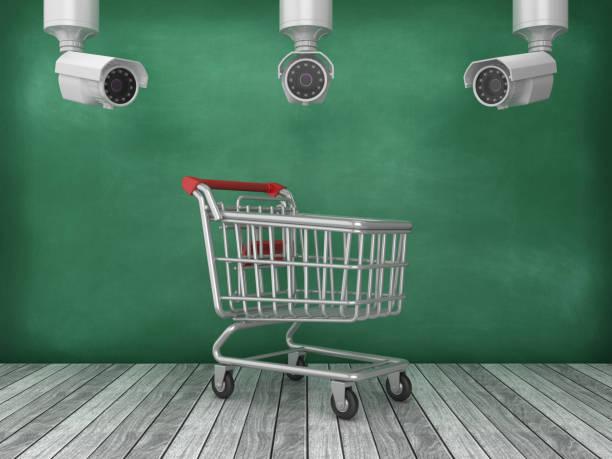 Shopping Cart with Security Cameras on Chalkboard Background - 3D Rendering