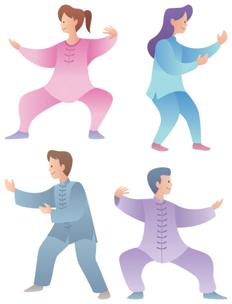 Qigong Characters Set Set of 4 flat design characters practicing qigong or tai chi. qi gong stock illustrations
