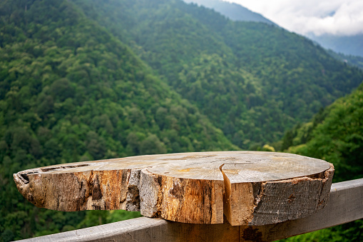 Wooden table and view of mountain