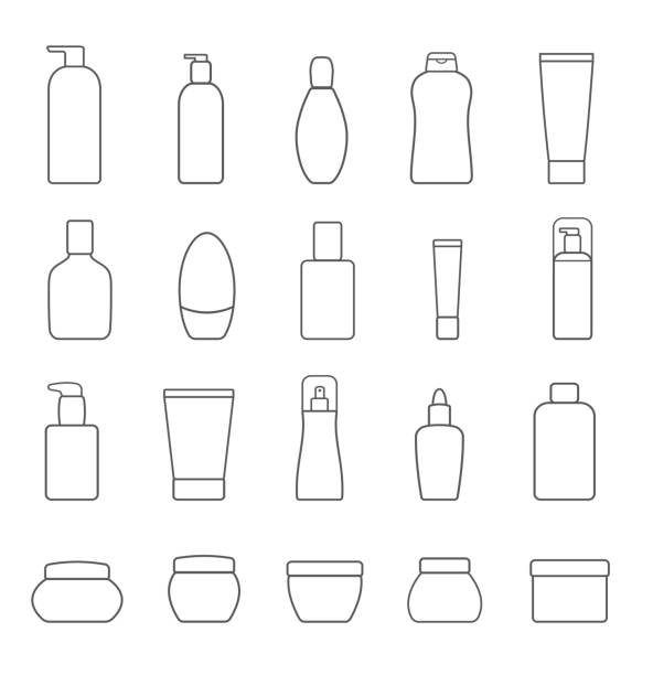 ilustrações de stock, clip art, desenhos animados e ícones de set of different cosmetic products. isolated on white background. modern thin line icons for web and mobile. - spray tan body human skin