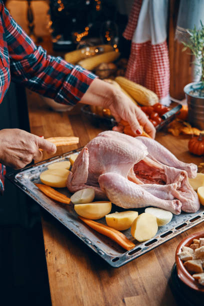 istock Preparing Stuffed Turkey for Holidays in Domestic Kitchen 1174250978