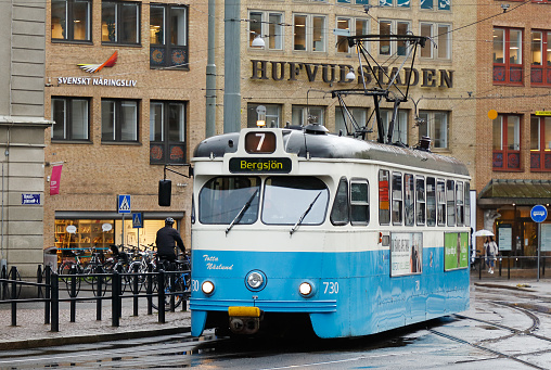 Gothenburg, Sweden - September 3, 2019: Tram class M28 online 7 with destination Bergsjon at Hotellplatsen in dontown Gothenborg.