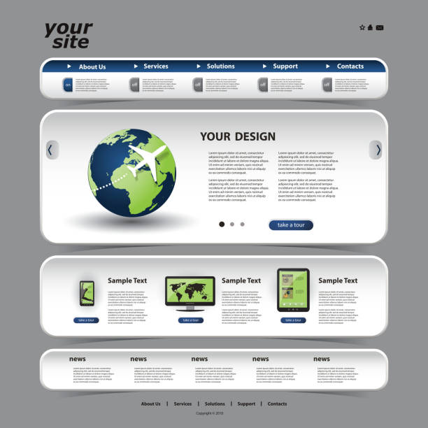 ilustraciones, imágenes clip art, dibujos animados e iconos de stock de plantilla de sitio web de una página - web page globe laptop computer monitor