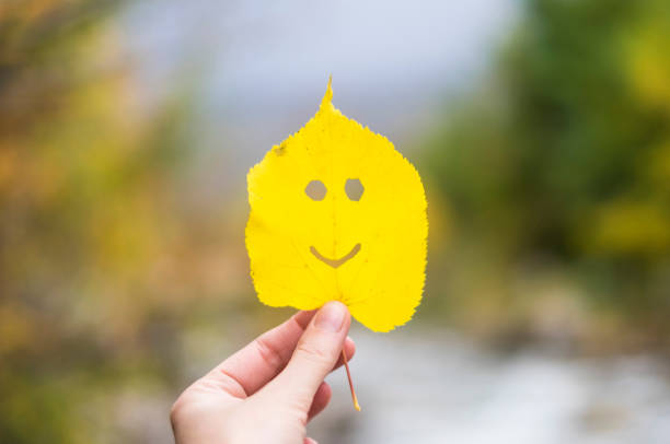 istock Autumn yellow leaf smiling emoji in a hand 1174255011