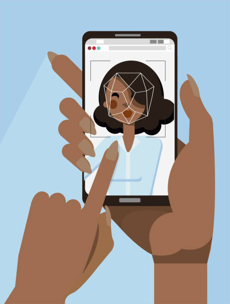 istock African woman hand holding black smartphone with Face ID on screen. Facial recognition concept. Two female hands holding face recognition system. Modern application. Flat cartoon vector character 1174256671