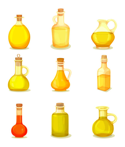 Set of isolated jars or bottle with oil product Set of isolated jars with oil liquid inside. Bottle with linseed and almond, corn and sesame, cedar and red palm extract. Vegan or vegetarian organic nutrition component.Medicine and beauty, oily food healthcare fitness and herbal medicine banner set stock illustrations