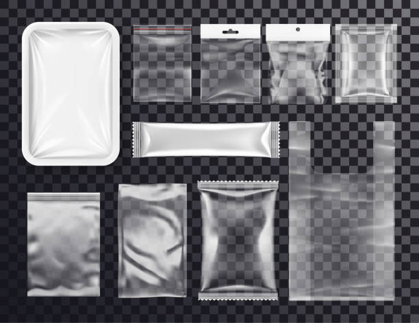 Realistic plastic pocket bag mockup, zipped bag Realistic plastic pocket bag mockup. Sealed transparent polythene packs for food and shop goods. 3d sachet or blank zipped empty packs, food container. Template for product storage. animal pouch stock illustrations