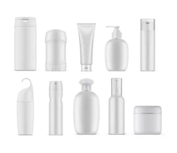 Vector illustration of Set of isolated cosmetic or perfume containers