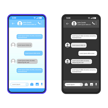Smartphone chat interface vector template. Mobile app interface design layout. SMS messenger screen. Flat UI for message application. Dialog, conversation. Phone display with speech bubbles