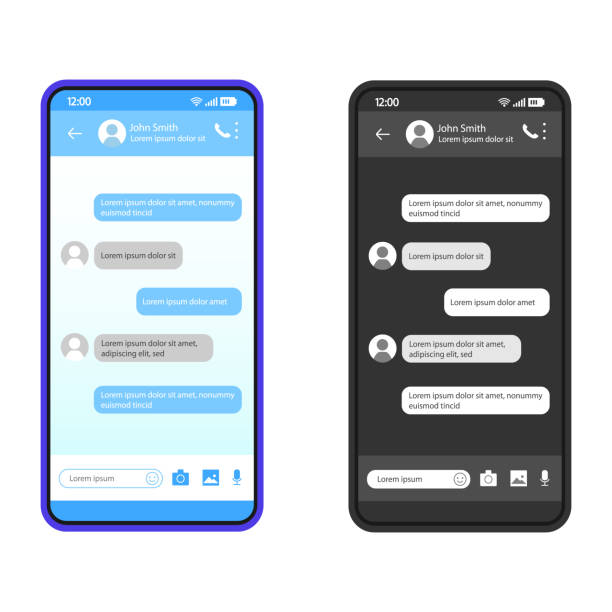 Smartphone chat interface vector template Smartphone chat interface vector template. Mobile app interface design layout. SMS messenger screen. Flat UI for message application. Dialog, conversation. Phone display with speech bubbles twitter stock illustrations