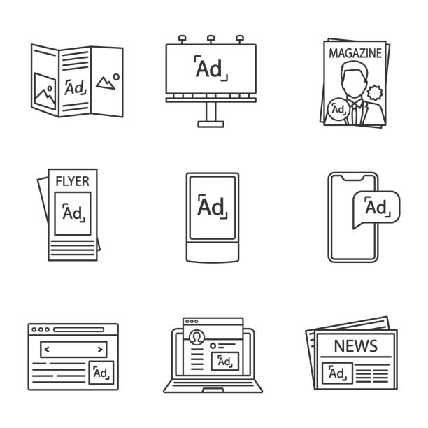 ilustraciones, imágenes clip art, dibujos animados e iconos de stock de conjunto de iconos lineales de canales publicitarios - valla publicitaria
