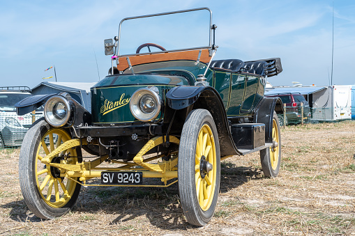 Blandford Forum.Dorset.United Kingdom.August 24th 2019.A restored Stanley steam car is on display at The Great Dorset Steam Fair.