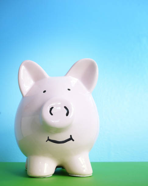 istock Smiling piggy bank on blue copy space 1174266097