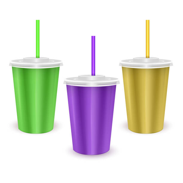 Set of colorful paper disposable cup with lid and drinking straw for cold beverage -soda, ice tea or cocktail, Realistic packaging mockup template Set of colorful paper disposable cup with lid and drinking straw for cold beverage -soda, ice tea or cocktail, Realistic packaging mockup template, Vector EPS 10 format food sample cups stock illustrations